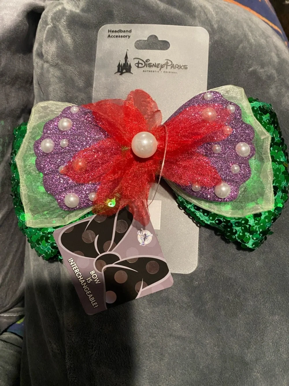 Disney Parks Ariel Green Sequin Bow Headband with Silver Accent